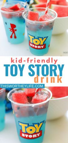 the toy story drink is in plastic cups with strawberries and blue liquid on top