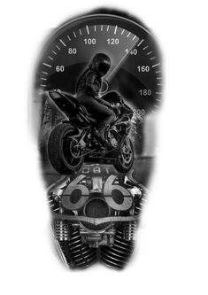 a black and white photo of a person on a motorcycle in front of a speedometer