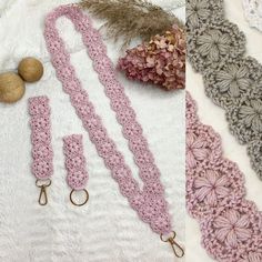 three crocheted lanyards, one pink and the other grey with gold hooks