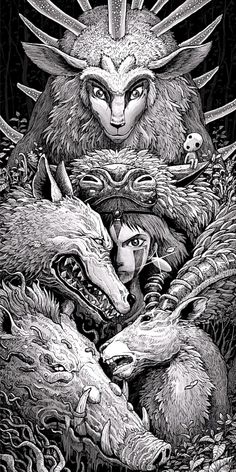 an image of a woman surrounded by animals and monsters in black and white art print