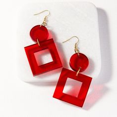 Lucite + Resin Earrings - INK+ALLOY Red Statement Earrings, Lucite Earrings, Block Print Scarf, Brass Bangle, Statement Accessories, Brass Hoops, Bold Earrings, Red Square