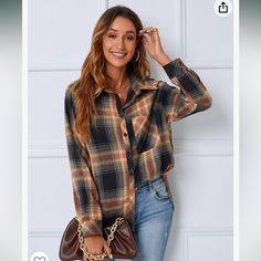 Button Down Casual Fall Outfits Fabric Type 50%Polyester And 50% Cotton Care Instructions Machine Wash Closure Type Button Neck Style Collared Neck Plaid Long Sleeve Flannel Shirt With Button Closure, Brown Button-up Shirt With Buttoned Pockets, Collared Flannel Shirt With Button Closure For Work, Brown Flannel Shirt For Work, Trendy Flannel Button-up Shirt, Trendy Fall Shirt With Buttoned Pockets, Brown Button Closure Flannel Shirt For Work, Brown Flannel Shirt With Button Closure For Work, Trendy Shirt With Buttoned Pockets For Fall