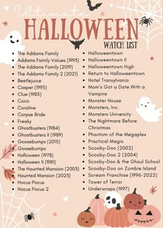 a halloween list with pumpkins and bats on it