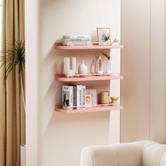 a living room filled with furniture and shelves next to a window in front of a door