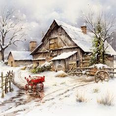 a painting of a farm with a red wagon in the snow