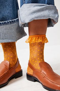 So fun and femme, these dainty socks are featured in a sheer, polka dot fabrication with sweet ruffle trim. **Fit:** Ankle length **Features:** Sheer mesh fabrication, seamed toe, polka dot pattern, ruffle trim **Why We | Only Hearts Ruffle Socks at Free People in Orange, Size: M/L Mules And Socks, Sheer Socks With Loafers, Dress With Socks Outfit, Sock Product Photography, Fun Socks Outfit, Dainty Socks, Sheer Socks Outfit, Colorful Tights Outfit, Ankle Socks Outfit