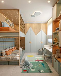 a child's bedroom with bunk beds, desks and toys on the floor