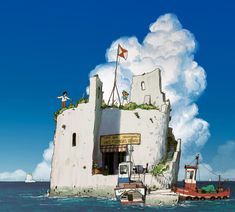 an island in the middle of the ocean with people standing on it and two boats near by