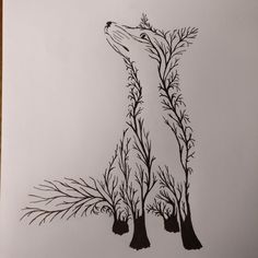 a drawing of a giraffe reaching up into the air with trees in front of it