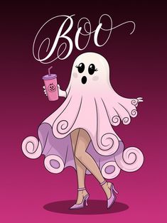 a woman in a ghost costume holding a pink drink and boo on her arm with the word boo written above it