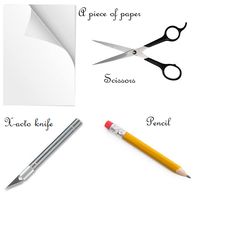 scissors, pencils and paper with the names of different types of papers on them