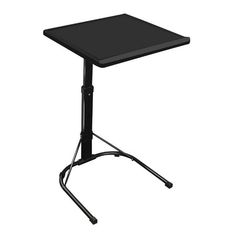 a small black table with wheels on the bottom and one leg raised up to it's side