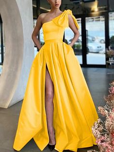 A-Line/Princess Satin One-Shoulder Ruffles Sleeveless Sweep/Brush Train Dresses Yellow Evening Dresses, Cheap Prom Dresses Long, One Shoulder Prom Dress, Prom Dresses Yellow, Prom Dresses With Pockets, Simple Prom Dress, Custom Prom Dress, Floor Length Prom Dresses, فستان سهرة