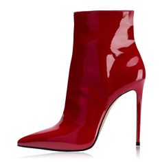 These striking ankle boots feature a vibrant red patent leather finish, pointed toes, and stiletto heels. A bold and stylish choice to elevate any outfit with a touch of sophistication. Color: Red Material: Patent leather Heel Type: Stiletto heel Heel height: 4.72" / 120 mm approx Product measurements were taken using size 8. Please note that measurements may vary by size. Toe: Closed pointed toe Side-zip design Handcrafted US sizing. Fits true to size. Heels And Sneakers, Red Leather Boots, Dr Shoes, Cute Shoes Heels, Ankle Boots For Women, Red Boots, Heel Ankle Boots, Red Heels, Patent Leather Heels