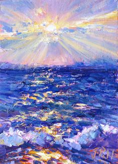 an oil painting of the sun setting over the ocean with blue water and yellow clouds