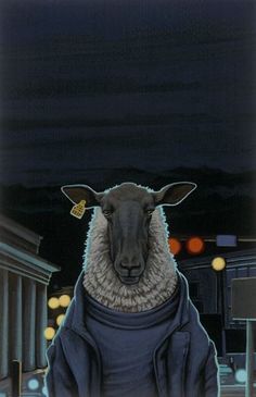 a painting of a sheep wearing a hoodie and standing in the street at night