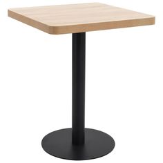 a square table with a black base and a light wood top on an isolated white background