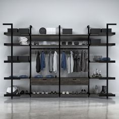 an open closet with clothes and shoes on shelves next to a wall mounted shelf unit