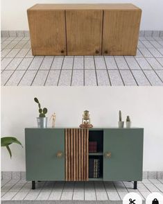 two side by side pictures of a cabinet with books and plants on the top shelf