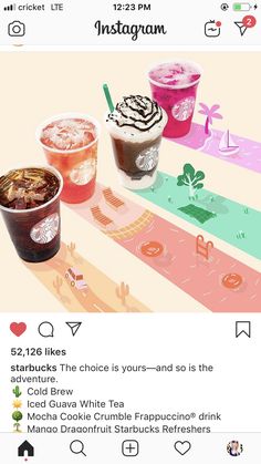 an instagram page with three drinks on it