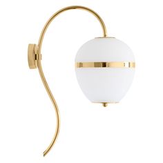 a white and gold wall light with a curved arm on an isolated surface, against a white background