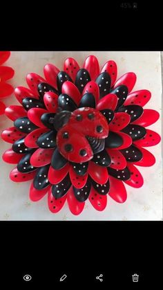 a red and black flower with ladybugs on it