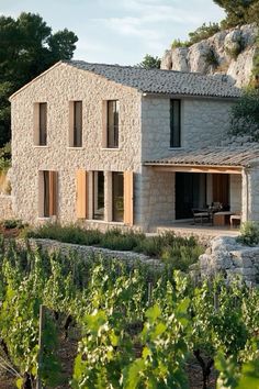 an old stone house in the middle of a vineyard with trees and bushes around it