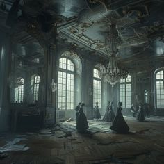 an old fashion room with people dressed in period costumes and chandeliers, all looking at the floor