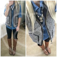 Padded Vest With Front Zipper/ Printed Polyester Fabric Fits True To Size Price Firm Wednesday Outfit, Herringbone Vest, Weather Outfits, Outfit Invierno, Fall Winter Wardrobe, Chambray Dress, Vest Outfits, Winter Clothes, Fall Winter Outfits