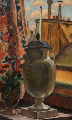 a painting of vases on a window sill in front of a cityscape