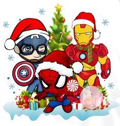 two cartoon characters dressed up as santa and iron man