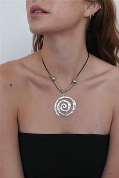 Corded necklace with swirl pendant, 16" & 2"Content + CareDo not get wetAvoid contact with lotions and fragrancesZinc Thrift Board, Swirl Necklace, Corded Necklace, Spiral Necklace, Pendent Necklace, Silver Choker, Chunky Necklace, Cord Necklace, Jewelry Inspo