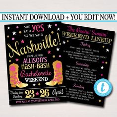 Nashville Tennessee Bachelorette Party, Tennessee Bachelorette Party, Pink Gold Party, Boots Country, Bachelorette Party Invitation, Weekend Itinerary, Las Vegas City, Pink Confetti, Invitation Text