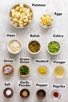 the ingredients to make potato salad are shown in bowls