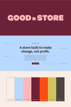 the website design for good store is shown in red, white and blue colors with different font