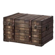 an old wooden trunk with metal handles and latches on the sides, isolated against a white background