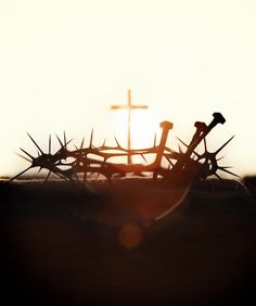 the sun is setting behind a crown of thorns with a cross on top in the background