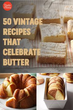 the cover of 50 vintage recipes that celebrate butter, with images of cakes and desserts