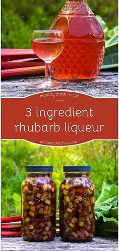 three jars filled with food sitting on top of a wooden table