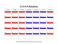 a calendar with red, blue and purple lines on the front page for 3 - 4 - 4 rottation