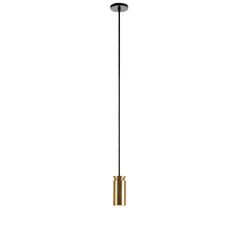 a gold and black pendant light hanging from a ceiling fixture on a white wall,