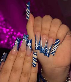 Christmas Bling Nails, Blue Christmas Nail Designs, Blue Christmas Nails, Snowflake Nail Design, Blue Coffin Nails, Tapered Square Nails, Long Nail Designs, Colored Acrylic Nails, Stiletto Nails Designs