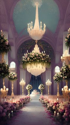 the aisle is decorated with flowers and chandeliers