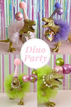 three different pictures of dinosaurs dressed up in fancy clothes and balloons, with the words dino party above them