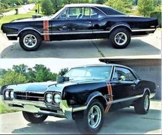 two pictures of an old black car with red stripes on the front and back sides