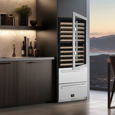 a wine cooler in the middle of a kitchen