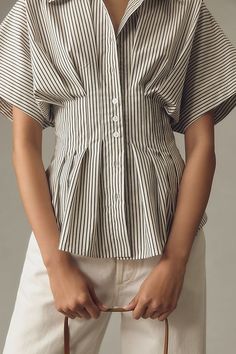 The Tobie Pleated Blouse by Exquise: Short-Sleeve Edition Casual Pintuck Short Sleeve Tops, Classic Fitted Tops With Pleated Sleeves, Casual Short Sleeve Tops With Pintucks, Casual Pleated Short Sleeve Blouse, Chic Pleated Waist Spring Tops, Casual Short Sleeve Pleated Blouse, Fitted Pintuck Tops For Workwear, Short Sleeve Tops With Pintucks For Daywear, Spring Pleated Short Sleeve Blouse