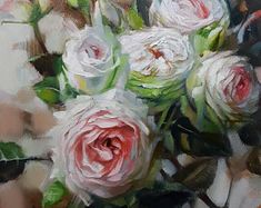 a painting of white and pink roses in a vase