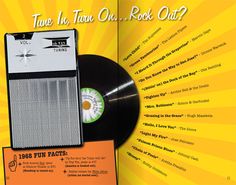 an old record player is on top of a yellow and black book with the title tune in than oh rock out?