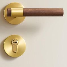 an image of a door handle and knob on a white wall with a wooden handle